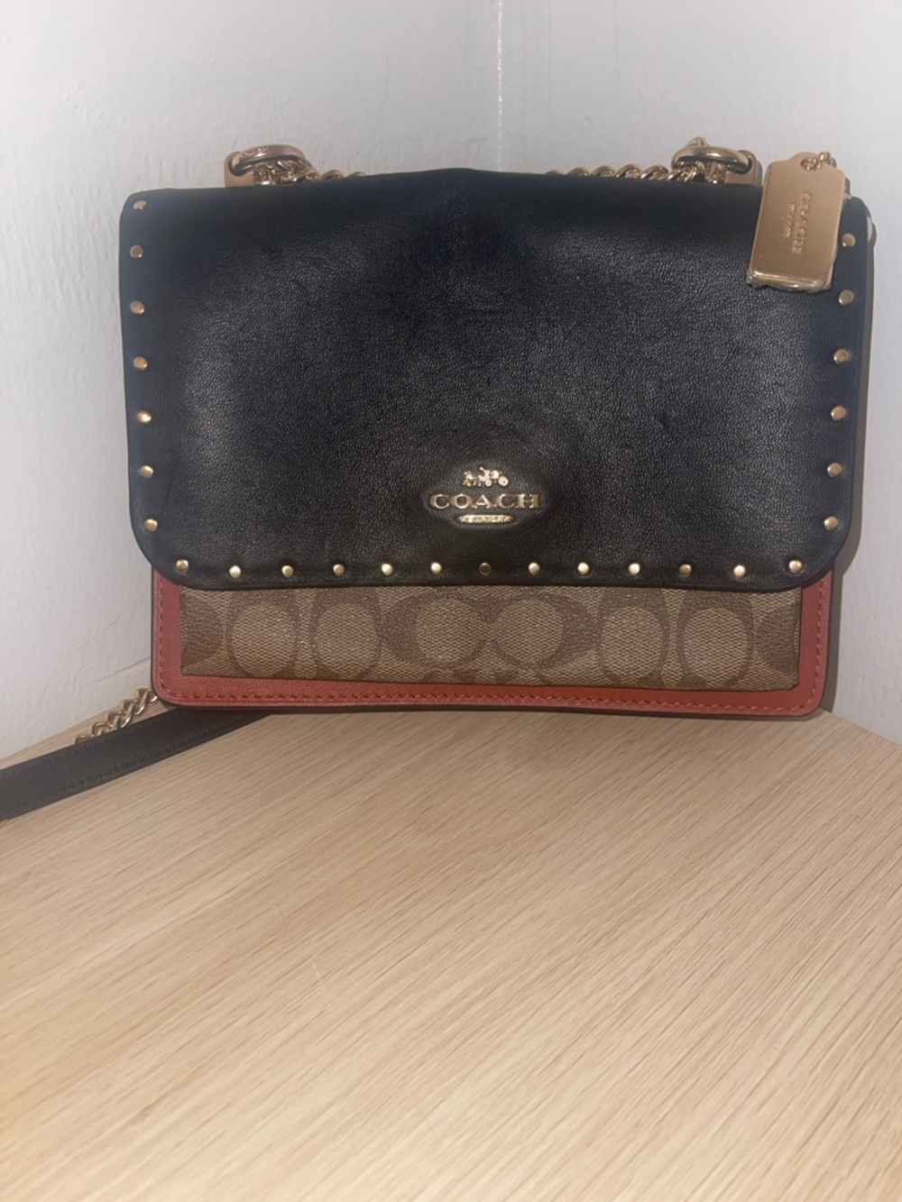 Coach Signature Colorblock Chain Crossbody in Black, Brown and Red-Orange